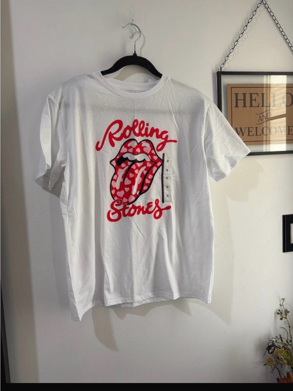 the Rolling Stones White Tee with Red Heart Tongue Graphic